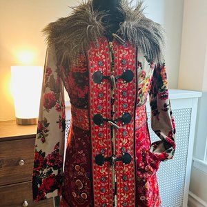 Anthropologie Elevenses Karelia Red Patchwork Coat - Attached faux fur collar